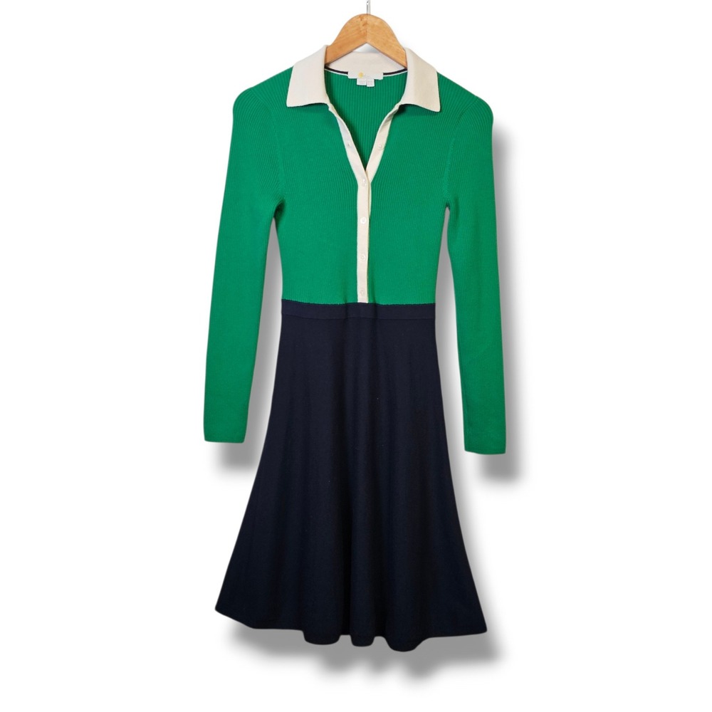 Boden Sweater Dress US 4L Tall Green Navy Polo Collar Wool Fit Flare Preppy Fall